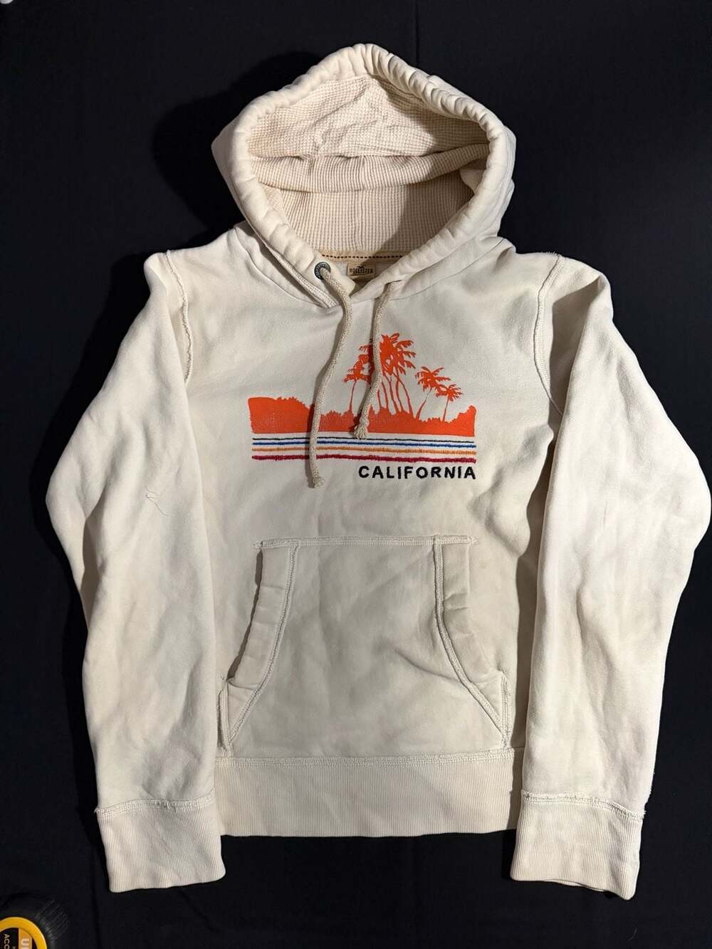 Hollister California Graphic Palm Tree Sunset Waffle Lined Pullover Hoodie Cream